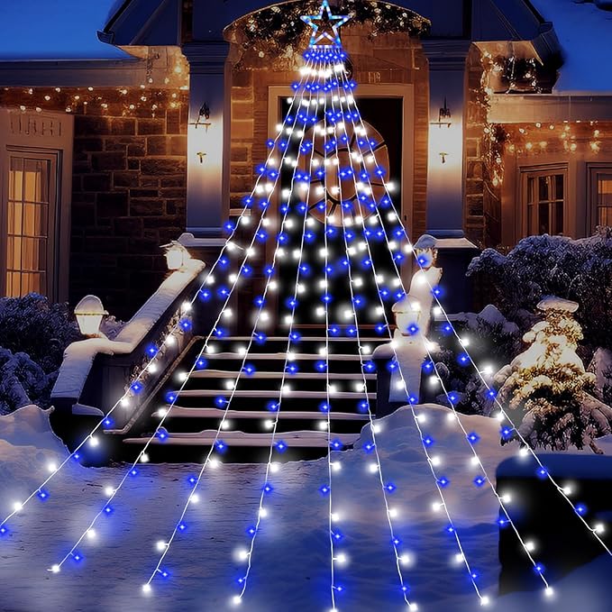 Christmas Decorations Outdoor,11.5 ft 317 LED Star Christmas Tree Lights,8 Memory Lighting Modes&Timer Star Light for Yard,Wedding,Party, Decorations(Blue+White)