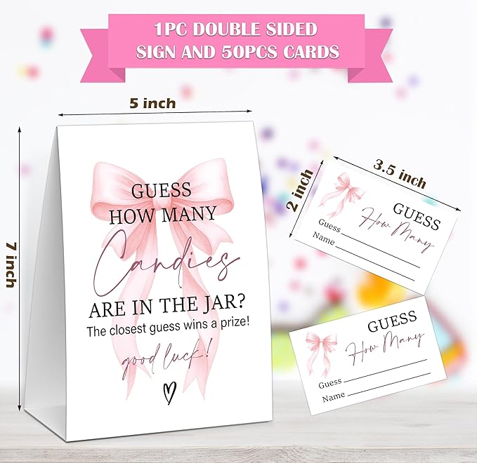 Pink Bow Guess How Many Candies Are In The Jar Game, Baby Shower Game, Include One 5×7 Sign and 50 Guessing Cards, Pink Coquette Bow Gender Reveal Party Decoration Supplies - FE17