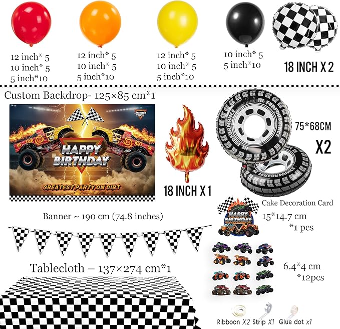 Monster Truck Birthday Decorations include Red Orange Yellow Balloons Ribbon Arch Cake Paper Card Toppers Tablecloth Backdrop Truck Birthday Decor for Boys Racing Party Decoration Supplies
