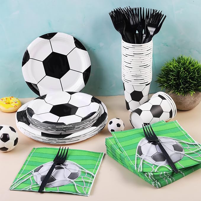 durony 144 Pieces Soccer Paper Plates and Napkins Dinnerware Set Soccer Birthday Party Tableware Supplies Includes Paper Plates Napkins Forks Serve 24 for Sports Party Supplies