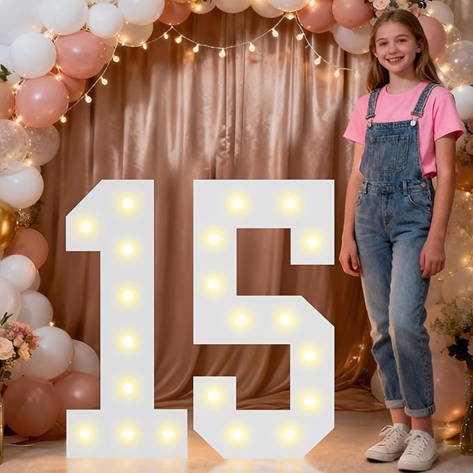 Pooqla 2.4FT Light Up Numbers for 15 Year Old Boy Girl Gifts, Marquee Numbers 2.4 Feet Tall Party Decor for Her Him, Mosaic Big Sign for 15th Birthday Decoration Backdrop, Warm White Large Number 15