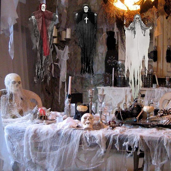 Halloween Hanging Skeleton Ghosts (3 Pack), One 36” and Two 32” Halloweens Grim Reapers, Flying Ghosts for Haunted House Prop Décor, Indoor/Outdoor Halloween Decorations