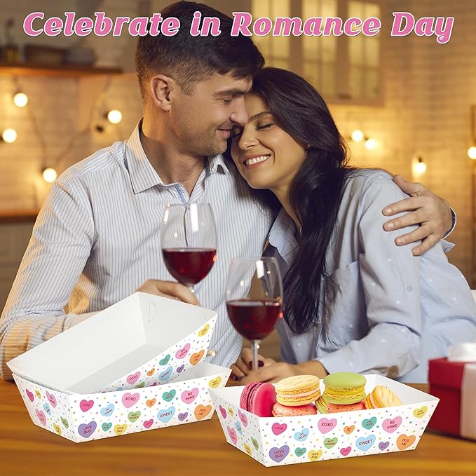 50 Pcs Valentines Paper Food Trays, Disposable Conversation Heart Serving Tray Valentine's Decorations, Love Holder Snack Food Boats, Popcorn Hot Dog Container for Wedding Birthday Party Supplies
