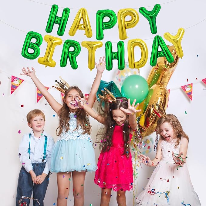 TONIFUL Happy Birthday Balloons Banner 16 Inch Mylar Foil Letters Birthday Sign Reusable for Girls Boys Kids & Adults Birthday Party Decorations Supplies（Green Gold）