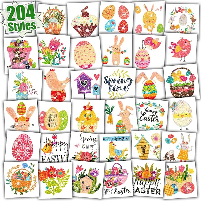 Partywind 204 PCS Glitter Easter Party Decorations for Kids Tattoos, Easter Party Supplies, Easter Basket Essentials Goodie Bag Stuffers for Boys Girls, Egg Hunt Games (Individually Wrapped Cut)