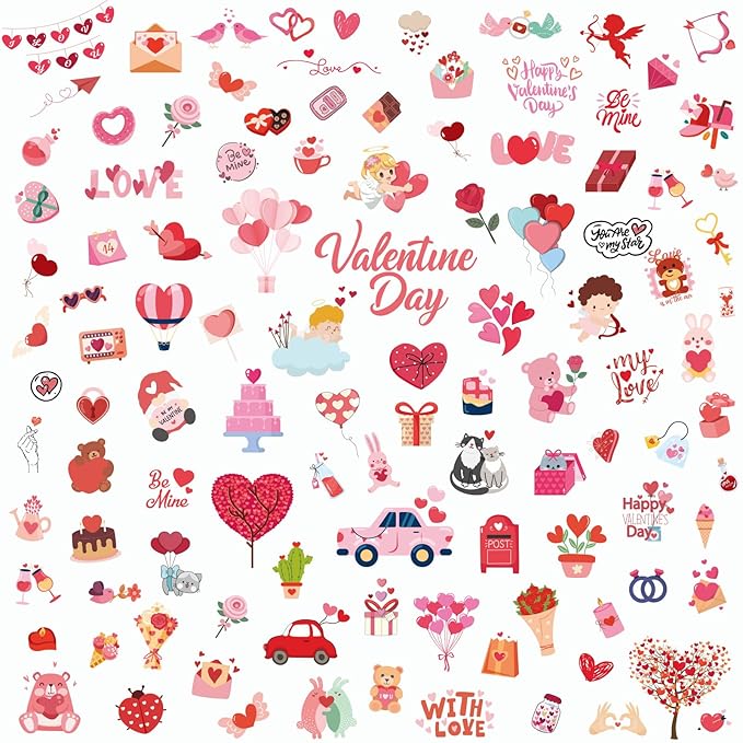 XZENTIRA 214 Pcs Valentines Themed Temporary Tattoos Valentine Decorations Party Favors Teddy Bear Envelope Valentine Party Supplies Accessories Gift Idea for Couple Stickers Décor Kids Teens Adult