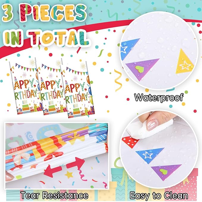 4 Pcs Happy Birthday Tablecloth 54'' x 108'' Disposable Birthday Table Cover Plastic Colorful Balloons for Kid Boy Girl Party Decoration Supplies(White)