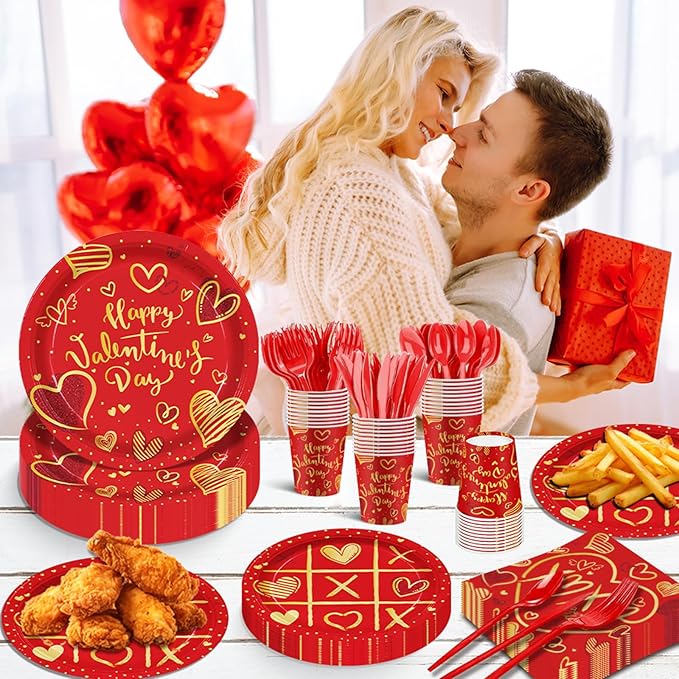 140Pcs Valentine's Day Party Supplies Tableware Set Red Heart Love Valentine's Day Paper Plates and Napkins Anniversary Wedding Party Decorations Couple Dating Dinner Plates, Serve for 20 Guest
