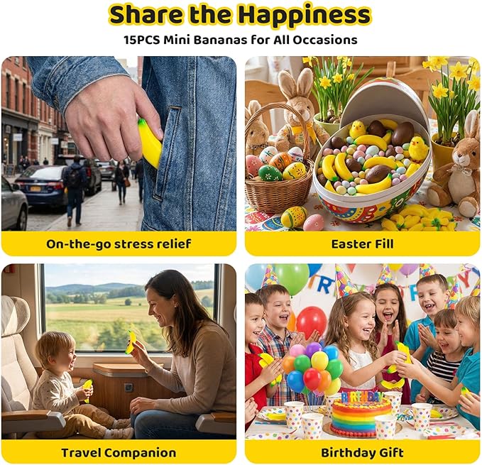 LovesTown 15PCS Banana Stress Toys, Banana Fidget Mini Squeeze Toys for Kids Party Favors