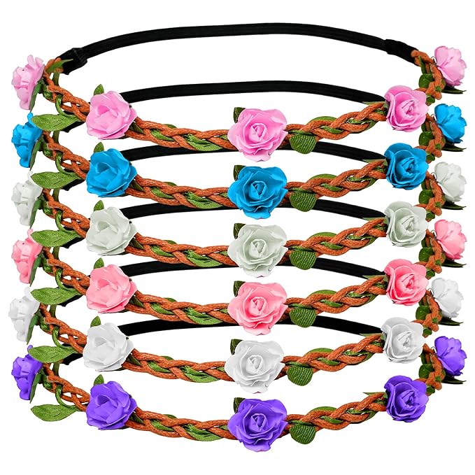 KatchOn, Multicolor Flower Headband- Pack of 6 | Rose Bohemian Flower Crown Headbands for Women and Girls | Bohemian Fairy Ribbon Hair Band for Wedding, Vacation, Fairy Party Photography Props