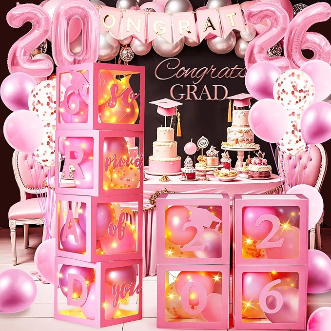 AYGXU Graduation decorations class of 2026 pink- Graduation Decorations, Balloons Box (4PCS) with letters&balloons,2026 balloons,LED String Light,graduation party decorations
