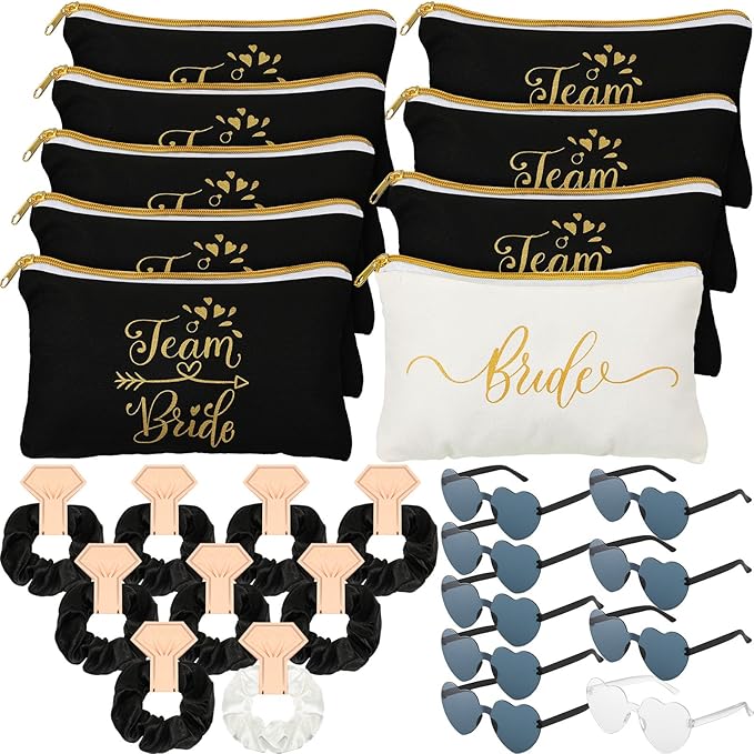 Sweetude 27 Pcs Bridesmaid Proposal Gift Bride Cosmetic Makeup Bags Bridal Hair Scrunchies Ties Heart Shape Sunglasses for Wedding Bachelorette Party Favor(Black, White)
