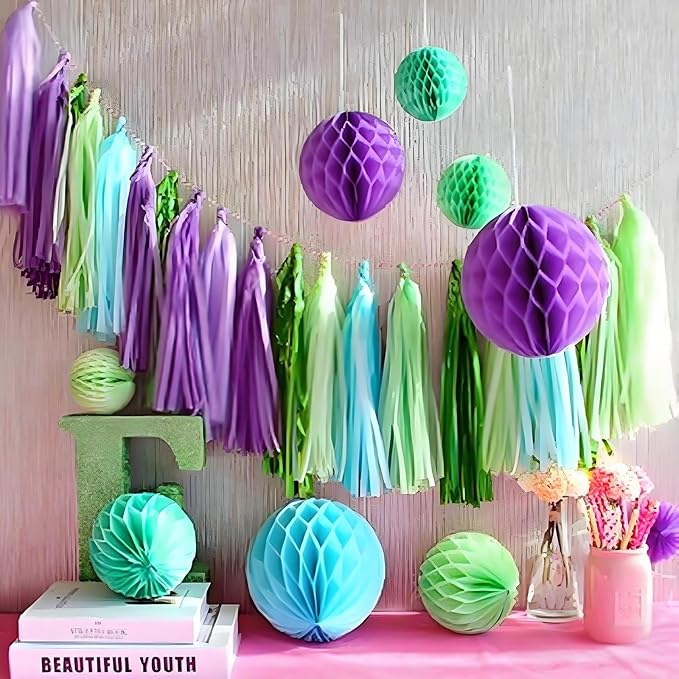 Blue Green & Purple Paper Tassel Garland Banner - Vibrant Tri-Color Handmade Paper Tassels for Party Decorations, Wedding Backdrop, DIY Crafts (30-Pack)