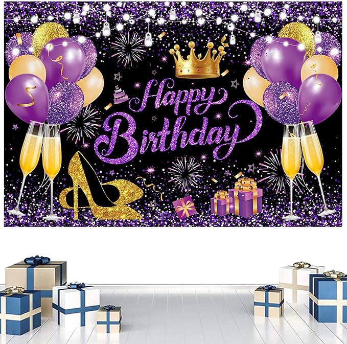 YinQin 180x120 cm Glitter Purple Golden Happy Birthday Party Backdrops Cloth 71x47 inch Photography Bday Backgrounds Black Purple Gold Happy Birthday Sign Banner Decorations for Girl Women