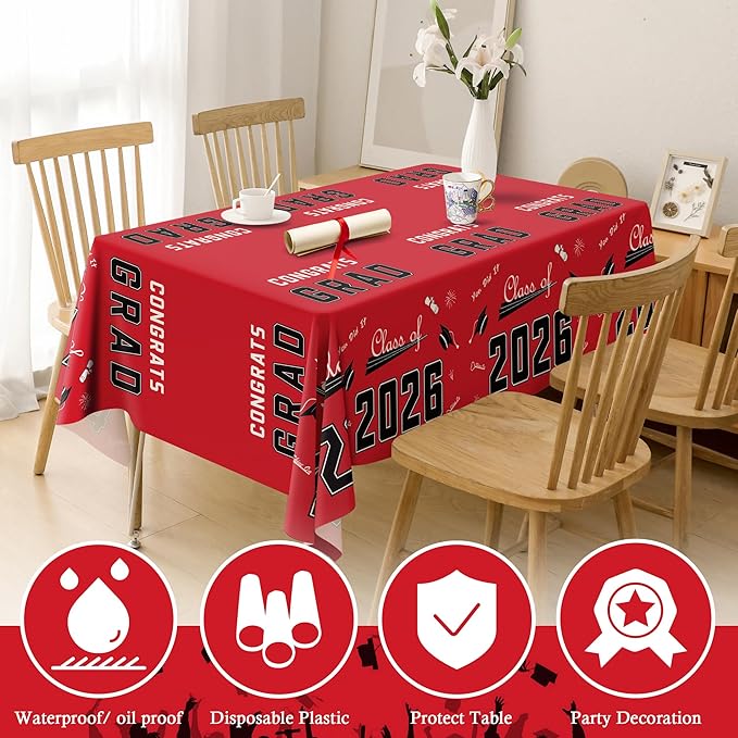 OHOME Graduation Decorations 2026 - Graduation Decorations Class of 2026 - Disposable Plastic Red Tablecloth for Class of 2026 Decorations Party Favors Supplies Backdrop,54" X 108",2 Pack