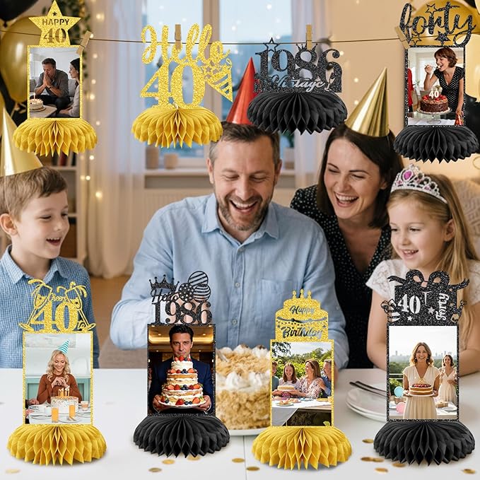 8Pcs 40th Birthday Decoration for Men Women Happy 40th Birthday Table Decorations Cheers to 40th Honeycomb Centerpieces Birthday Party Decorations Black and Gold 40th Birthday Party Favors