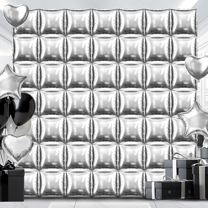 50 PCS Metallic Silver Square Foil Balloons Wall Backdrop 19'' Reusable DIY Mylar Balloon Tunnel Arch Kit for Birthday Engagement Bridal Baby Shower Graduation Bachelorette Party Decor