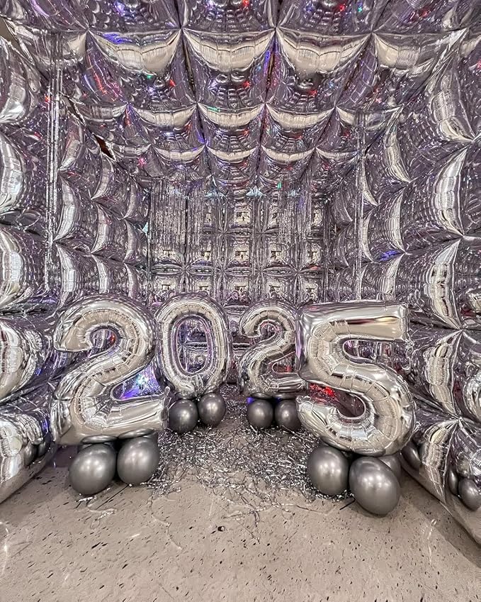 50pcs Metallic Silver Square Foil Balloons Wall Backdrop with 79pcs Metallic Silver Balloon Garland Arch Kit, Double Sided Balloon Tunnel for Anniversary Engagement Birthday Prom Decorations