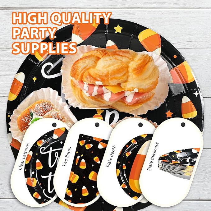 Grencian 96PCS Candy Theme Corns Halloween Party Supplies Set Orange Trick Treat Halloween Plates and Napkins Candy Theme Corns Disposable Tableware Set for Birthday Decorations