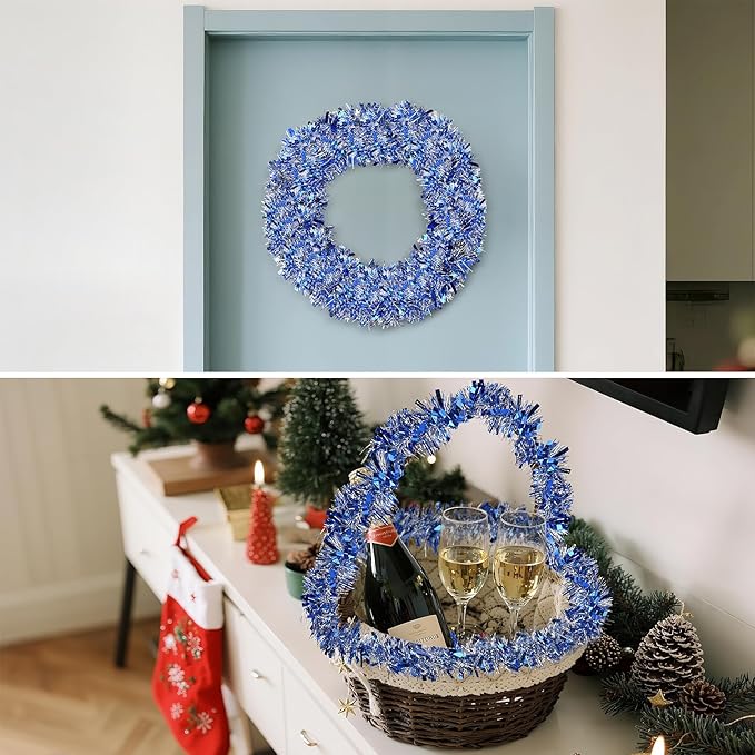 39.5 Ft Christmas Tinsel Garland, Reusable Holiday Metallic Christmas Tree Garland Decoration for Xmas, Wedding, Birthday, Home Party Decor (Blue)