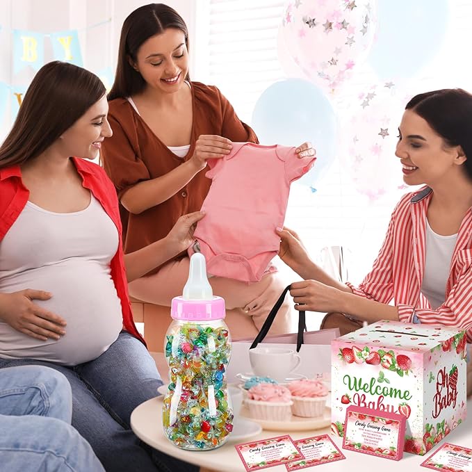 Glenmal 52 Pcs Baby Shower Games Gift Sets Large Baby Bottle for Shower Game Guess How Many Candies Decorations for Gender Reveal(Strawberry)
