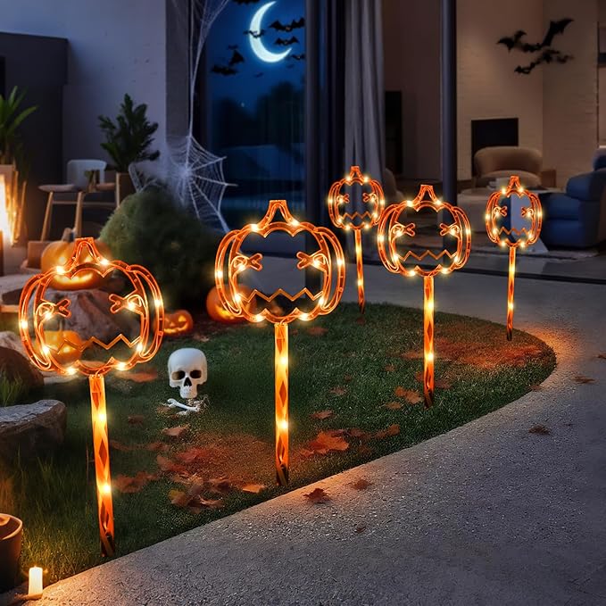 LOLStar Halloween Decorations, 5 Pack Halloween Pathway Lights, Jack-o-Lantern Orange Pumpkin Lights for Walkway, Sidewalk, Garden, Yard, Lawn, Porch, Patio Outdoor Decor with Timer & 8 Lighting Modes