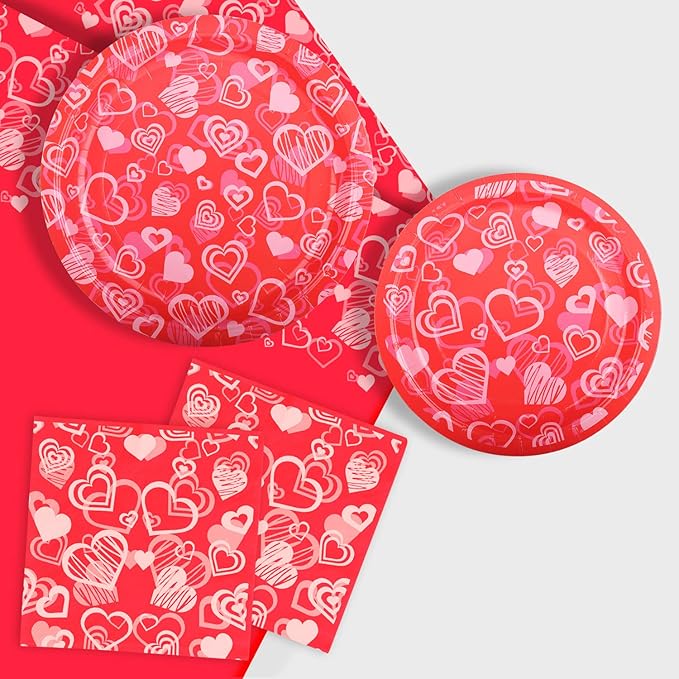 Gatherfun Valentine's Party Supplies Hot Heart Love Disposable Paper Plates Napkins Waterproof plastic Tablecloth for Valentine's , Engagements, Anniversary, Birthday Party Serve 50