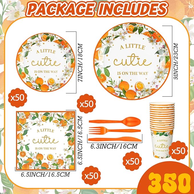 350 Pcs a Little Cutie Is on The Way Baby Shower Tableware Set, Baby Shower Plates Napkins Cups Dessert Forks Disposable Supplies for 50 Guests, Cute Orange Party Decoration