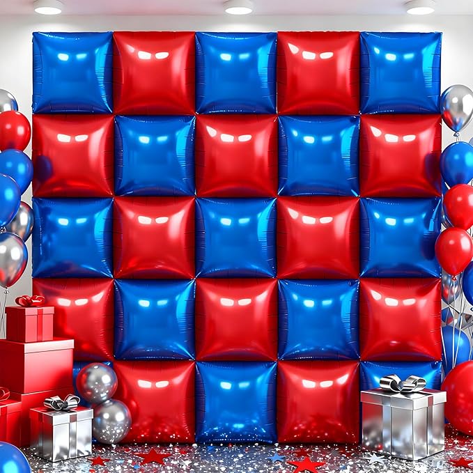 36Pcs Red and Blue Square Foil Balloons Wall Backdrop, Double Sided Metallic Foil Balloons Tunnel Arch Garland Kit for Photo Booth Birthday Wedding Halloween Christmas Party Decorations