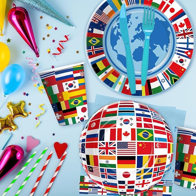 APOWBLS International World Flags Decorations Tableware - Olympic Decorations Party Supplies, Paper Plate, Cup, Napkin, Fork, Travel Trip Around the World Globe Retirement Supplies | Serve 24