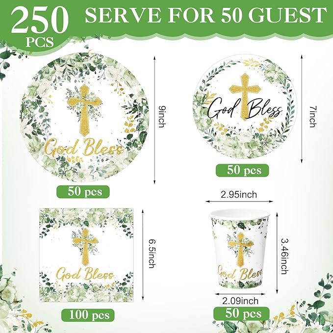 Pickmesh 250 Pcs Dinnerware Set Disposable Paper Plates Napkins and Cups Luncheon Dinner Tableware for Birthday Party Supplies Table(Sage Green,God Bless)