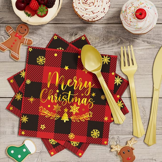Christmas Party Decorations Supplies - 350 PCS Merry Christmas Birthday Buffalo Plaid Disposable Dinnerware Set(50 Guest) with Xmas Paper Plates Napkins Cups Plastic Fork Knive Spoon for Holiday Decor