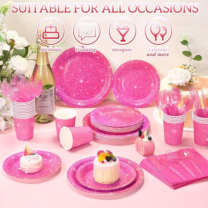 Hushee 350 Pcs Hot Pink Holographic Print Party Supplies Guests Disposable Dinnerware Set Include Paper Plates, Napkins, Cups, Plastic Cutlery for Wedding Birthday Disco Bachelorette