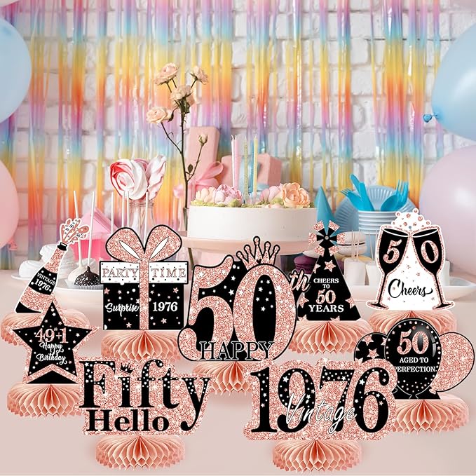 9Pcs 50th Birthday Decorations Honeycomb Centerpieces for Women, Rose Gold Pink Happy 50th Birthday Centerpieces Tables Toppers Party Decorations Supplies, Vintage 1976 Aged Table Sign Decor