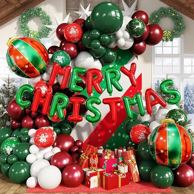 Merry Christmas Balloons Garland Arch Kit 115pcs Red Dark Green Balloons Deer Christmas Tree Print Balloons Ball Letters Foil Balloon for Merry Christmas Xmas New Year Friendsmas Birthday Party Decor