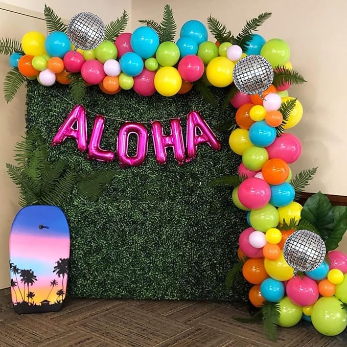 Tropical Balloons Garland Arch Kit, 130Pcs Hawaii Balloon Arch Kit, 18 10 5 Inch Summer Green Hot Pink Orange Yellow Balloons, Hawaii Party Decorations for Swimming Surfing Beach Party Birthday