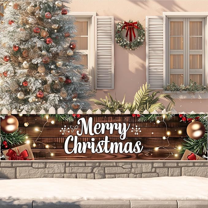 Outdoor Merry Christmas Hanging Banner 78.7x17.7 Inches Christmas House Fence Banner Decoration Holiday Party Supplies Vintage Xmas House Garaged Indoor Outside Christmas Party