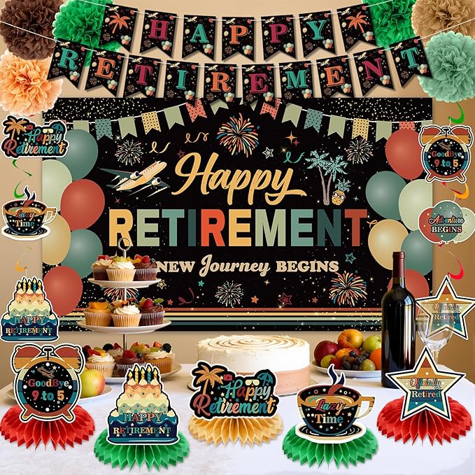 20pcs Retirement Decorations for Men Women Coloful Vintage Happy Retirement Banner Backdrop Hanging Swirls Pompoms Table Honeycomb Centerpieces Retired Sash Farewell Retired Decorations Supplies