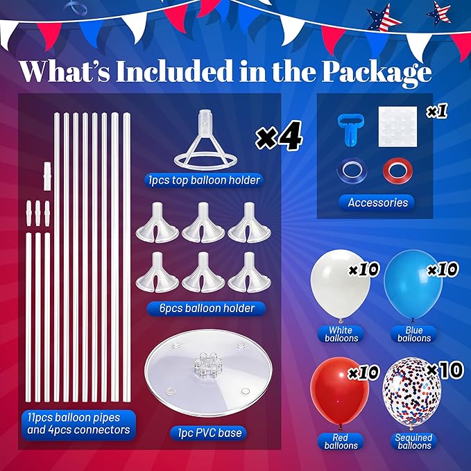 JOYYPOP Balloon Centerpiece Kit for Table 4 Sets Balloon Stand with 40 Red White Blue Confetti Balloons Patriotic Table Decorations for Graduation Memorial Day Flag Day Election Party