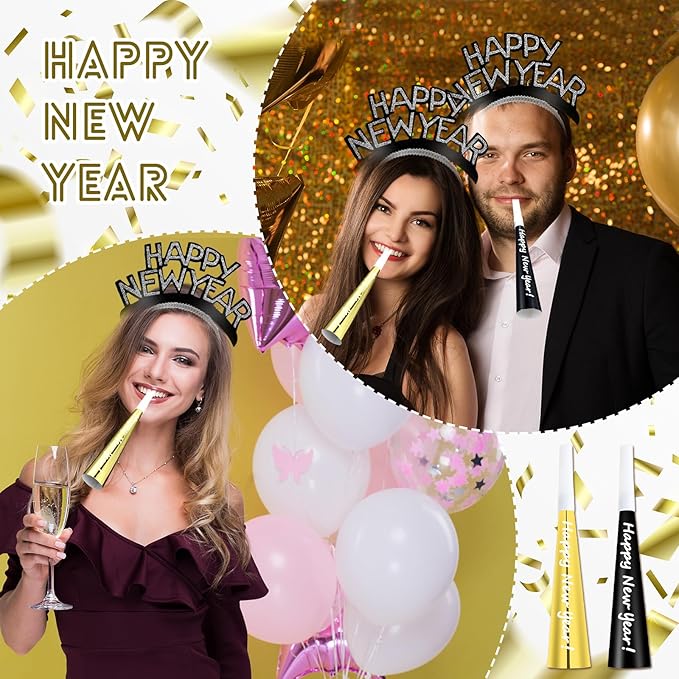 Shappy 24 Pcs 2026 New Year Party Supplies Happy New Year Headband Horn Sounder Noisemakers Eve Party Decorations