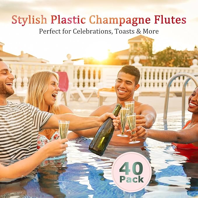 Plastic Champagne Flutes Disposable Wine Glasses - 40 Pack 4.5Oz Clear Mimosa Cocktail Cups Bulk for Wedding Women's Day Party Supplies Engagement Decor, Copas De Plastico Para Brindis