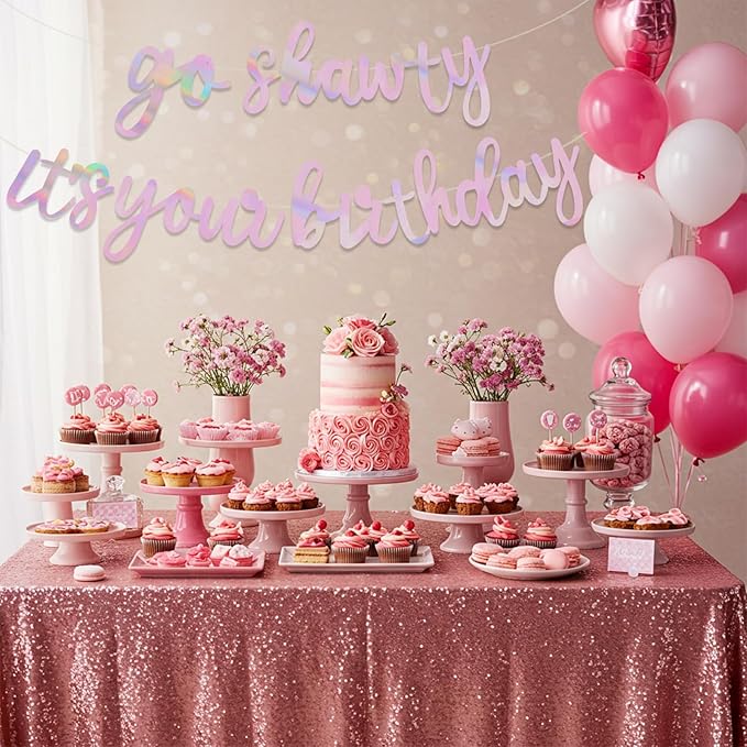BEISHIDA Go Shawty It's Your Birthday Banner NO DIY Hip Hop Theme Happy Birthday Banner Pre-Strung Rap Theme Happy Birthday Sign for Man Women birthday Party Supply Double-Sided Rainbow Pink
