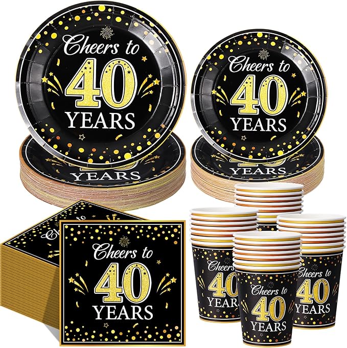 Pickmesh 250 Pcs 40th Birthday Party Supplies Decorations Serve 50 Black Gold Cheers to 40 Years Disposable Paper Plates Napkins and Cups for Women Men 50th Birthday Wedding Anniversary Party Supplies
