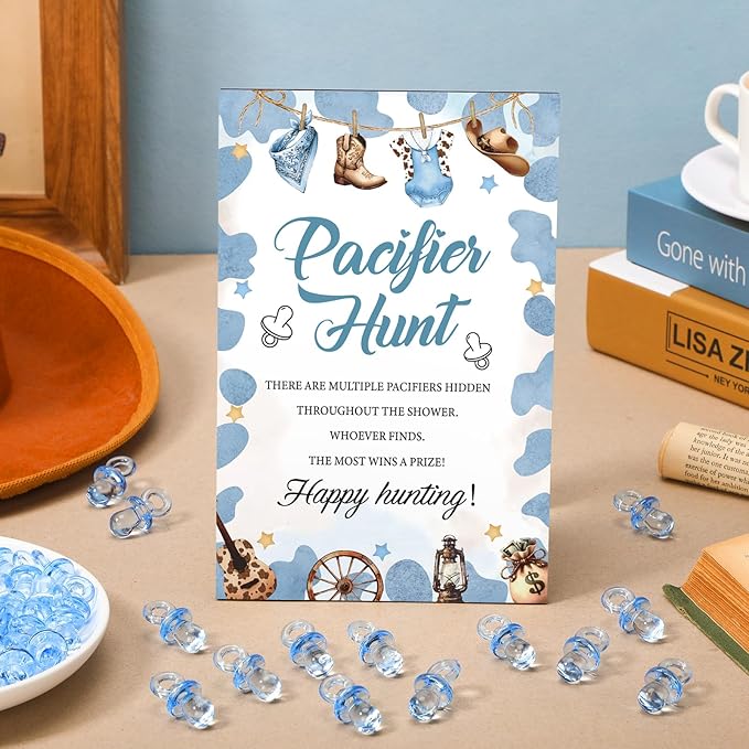 Thyle 51 Pcs Cowboy Pacifier Hunt Baby Shower Games Boys Include Hunt Sign and 50 Acrylic Pacifiers for a Little Cowboy Is on The Way Theme Baby Shower Game Decoration for Gender Reveal Party Decor
