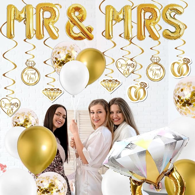 Gold Engagement Party Decorations Kit - Happy Engagement Glitter Banner, MR & MRS Foil Balloons, Giant Diamond Ring Balloon, Tablecloth, Photo Booth Props and Future Mr Mrs Sashes Decor Set