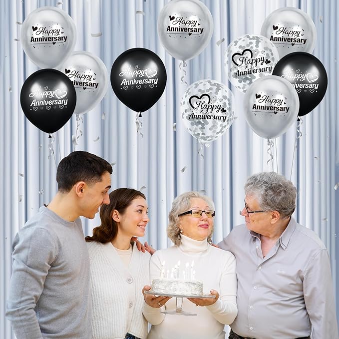 Happy Anniversary Balloons 18Pcs Black Silver Party Decorations for Women Men 12Inch Metallic Confetti Balloons for Indoor Outdoor Party Supplies
