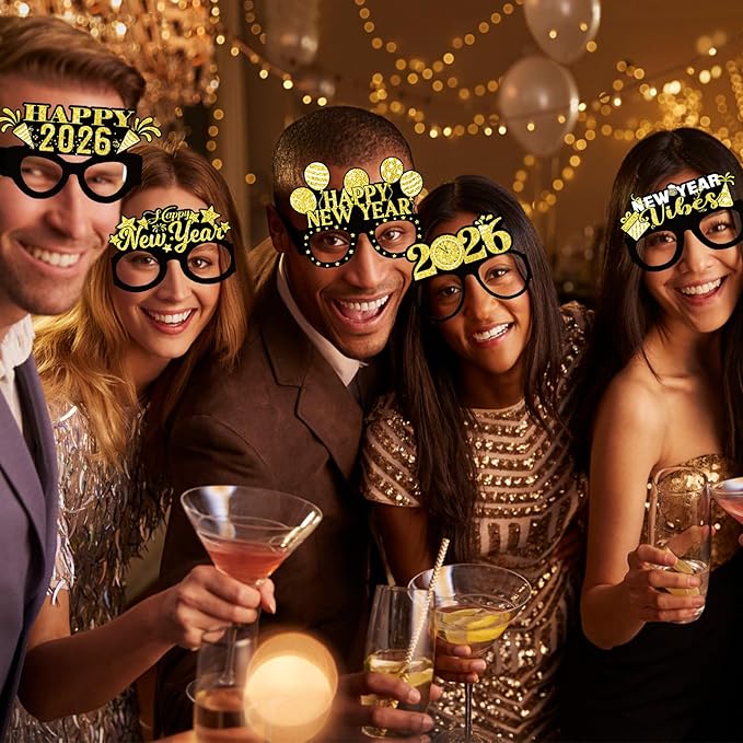12PCS New Year Glasses, Funny New Years Eve Party Paper Glasses Photo Booth Props 2026 Eyeglasses Frames for NYE Party Supplies Decorations 2026