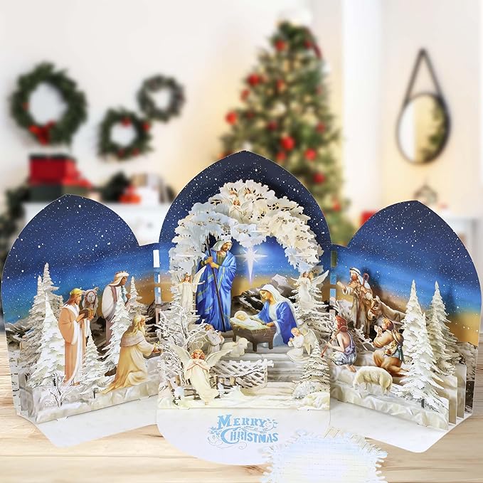 Pop up Christmas Cards Nativity, 3D Holy Night Nativity, Religious Card with Envelope for Holiday, Manger Scene, Angel, Jesus Christ, Holy Family, Handcrafted Decoration, Merry Christmas Gift