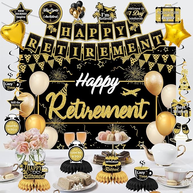 Retirement Party Decorations, Black Gold Happy Retirement Decorations Supplies - Banner Backdrop, Decorations Stickers, Retired Sash, Hanging Swirls, Foil Balloons, Honeycomb Centerpieces