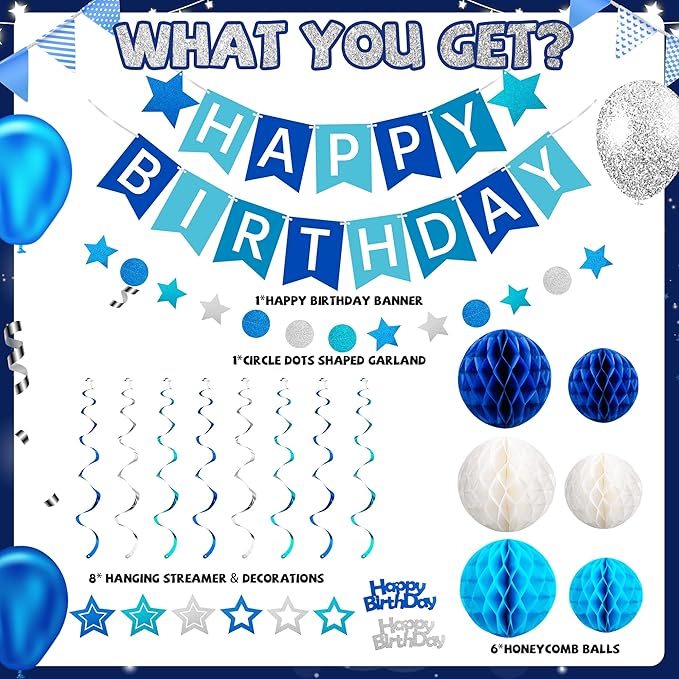 Birthday Decorations, Happy Birthday Banner with Honeycomb Balls, Swirls Set Happy Birthday Decorations Sign for Men Women Boys Girls Birthday Party Supplies Kit for Indoor Outdoor